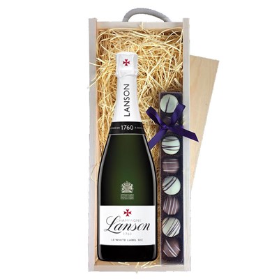 Lanson Le White Label Sec Champagne 75cl And Truffles, Wooden Box